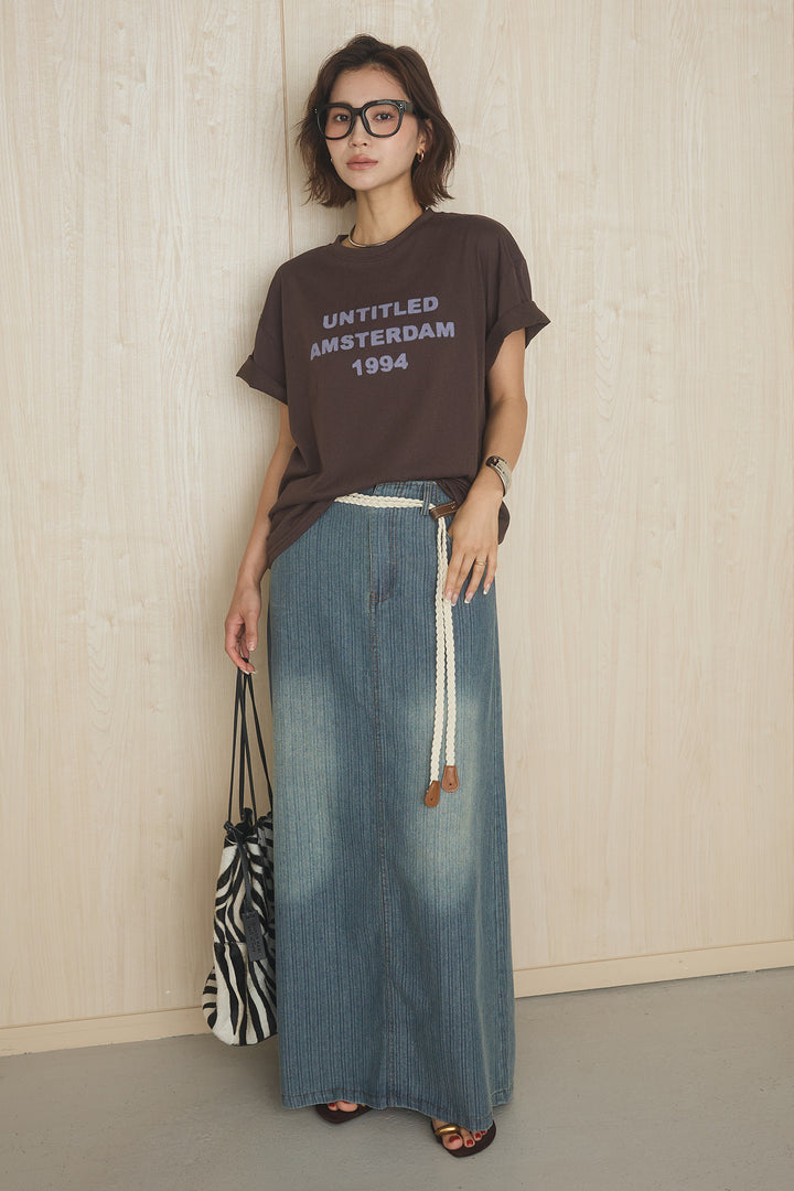 [SET]英字フロントロゴプリントTシャツ+ベルト付きデニムタイトスカート(2set)