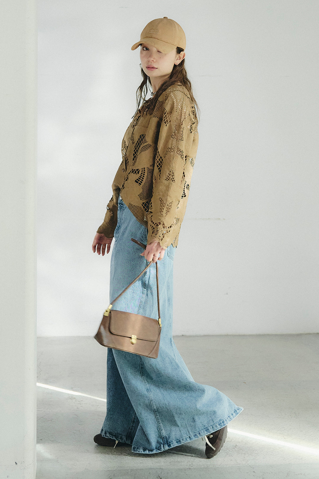 [SET]フラワー刺繍レースブラウス+デニムロングフレアスカート(2set)