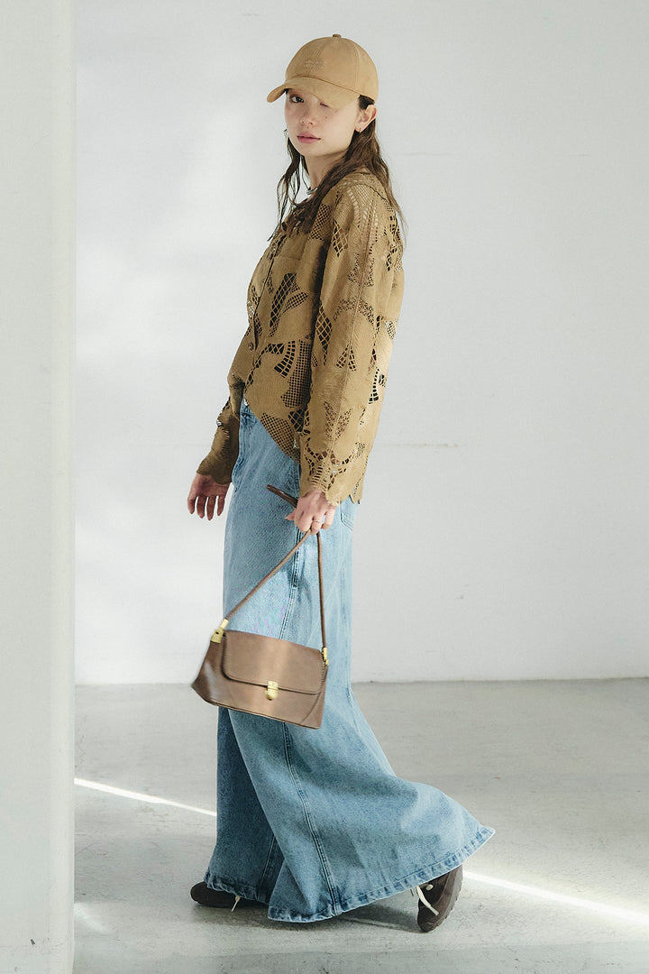 [SET]フラワー刺繍レースブラウス+デニムロングフレアスカート(2set)