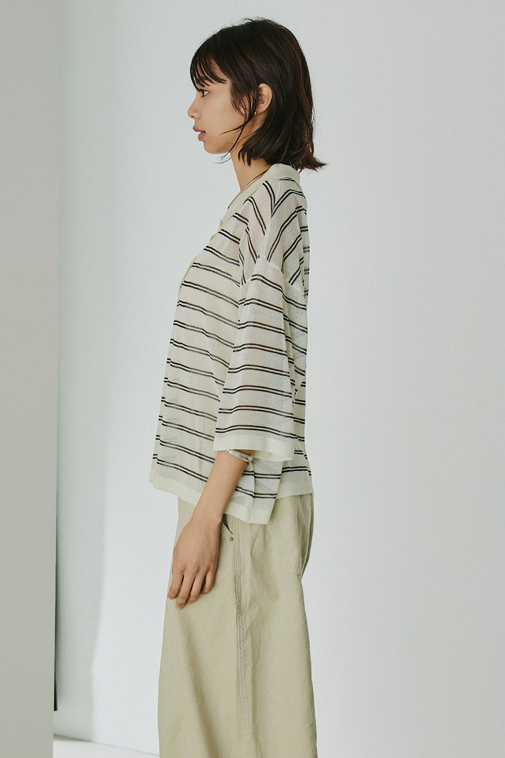 [SET]ボーダーニットポロシャツ+サイドベルトカーブワイドパンツ(2set)