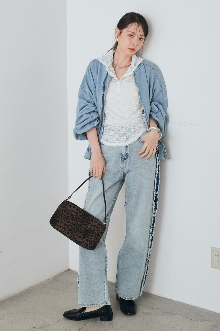 [SET]袖シャーリング裾フリルデニムブルゾン+デニムサイドフリルパンツ+ストレッチレースフーディサムホールプルオーバー(3set)