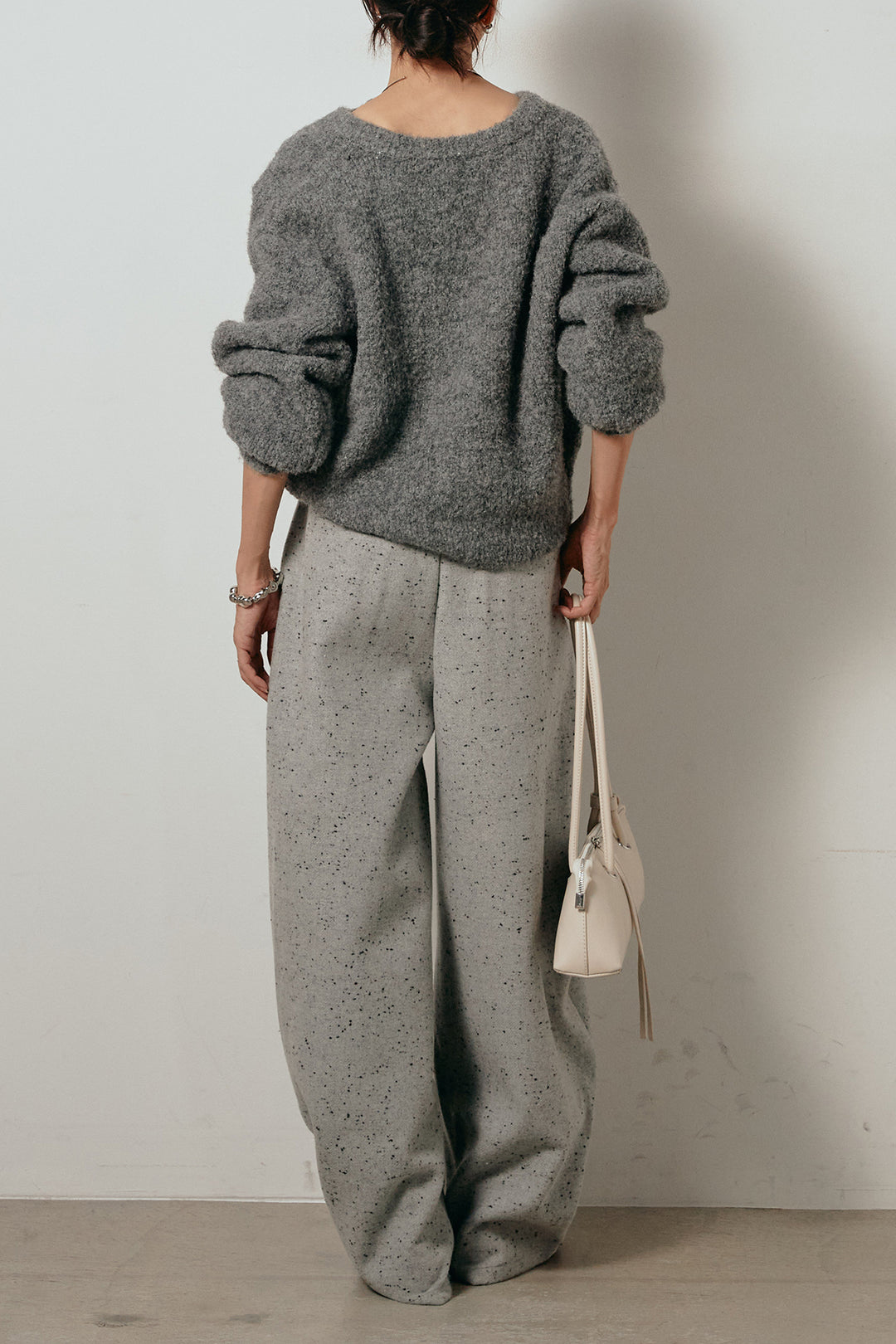 【即納】ベルト付きネップツイードカーブパンツ/グレー