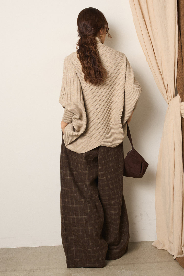 [SET]アシメデザインリブポンチョニットトップス+ウールライクチェックタックパンツ(2set)