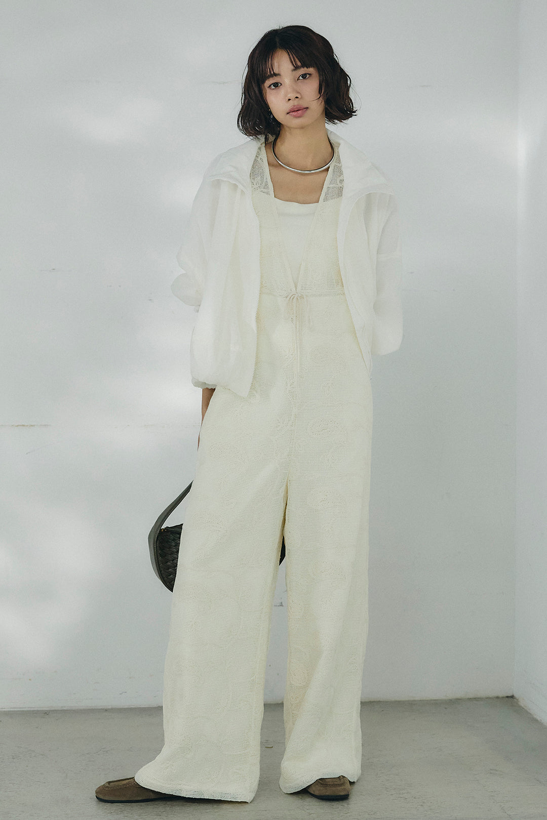 [SET]スタンドネックシアーブルゾン+レースサロペット(2set)