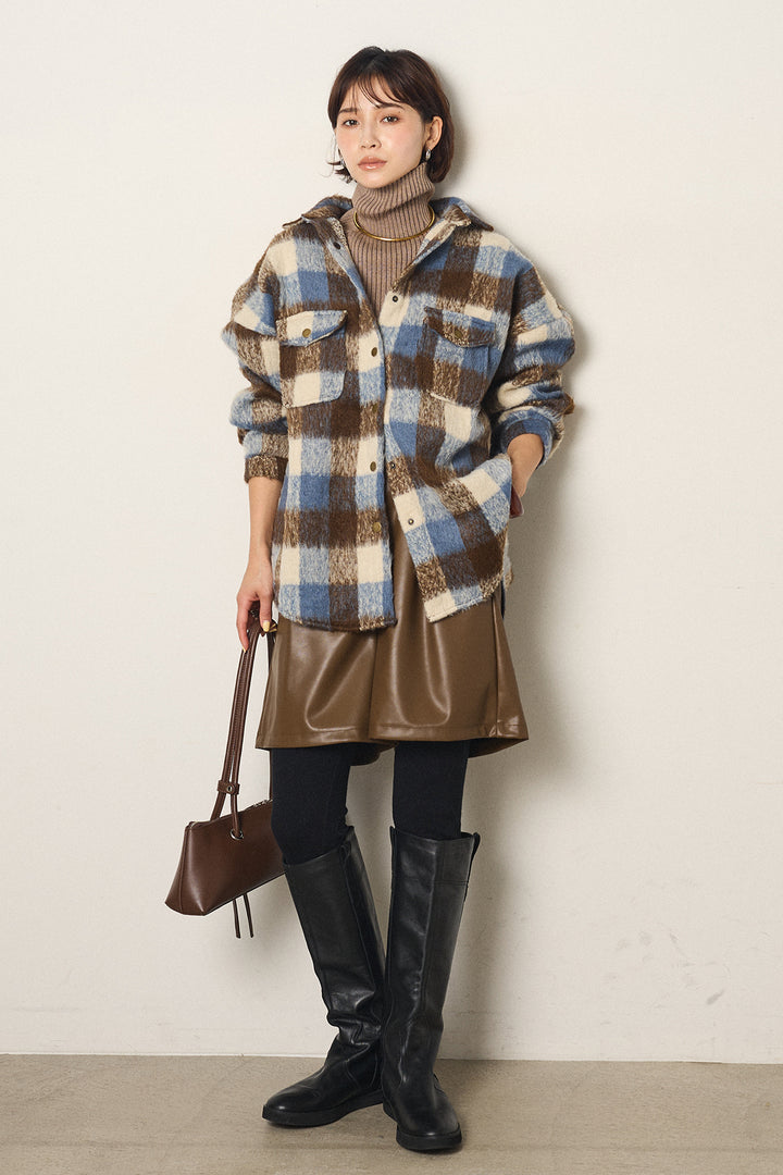 [SET]起毛チェック柄ポケットアウター+ストレッチエコレザーバミューダパンツ(2set)