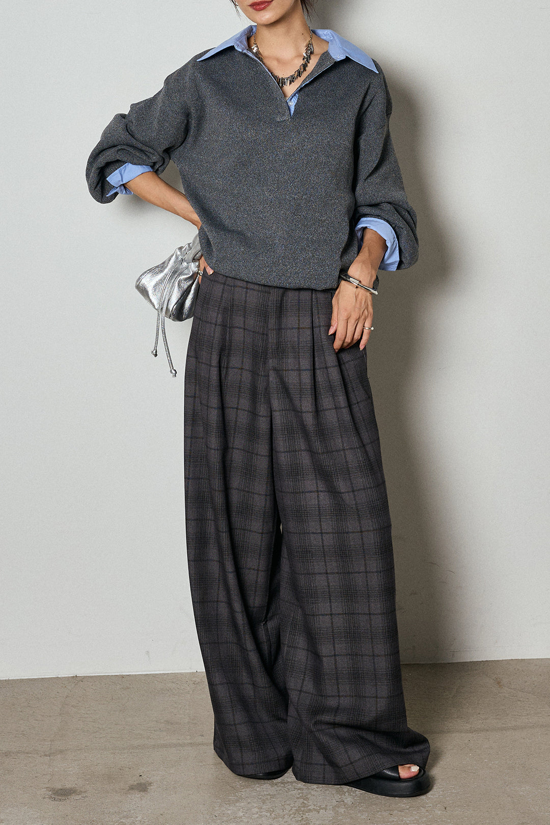 【即納】タック入りタータンチェックワイドパンツ