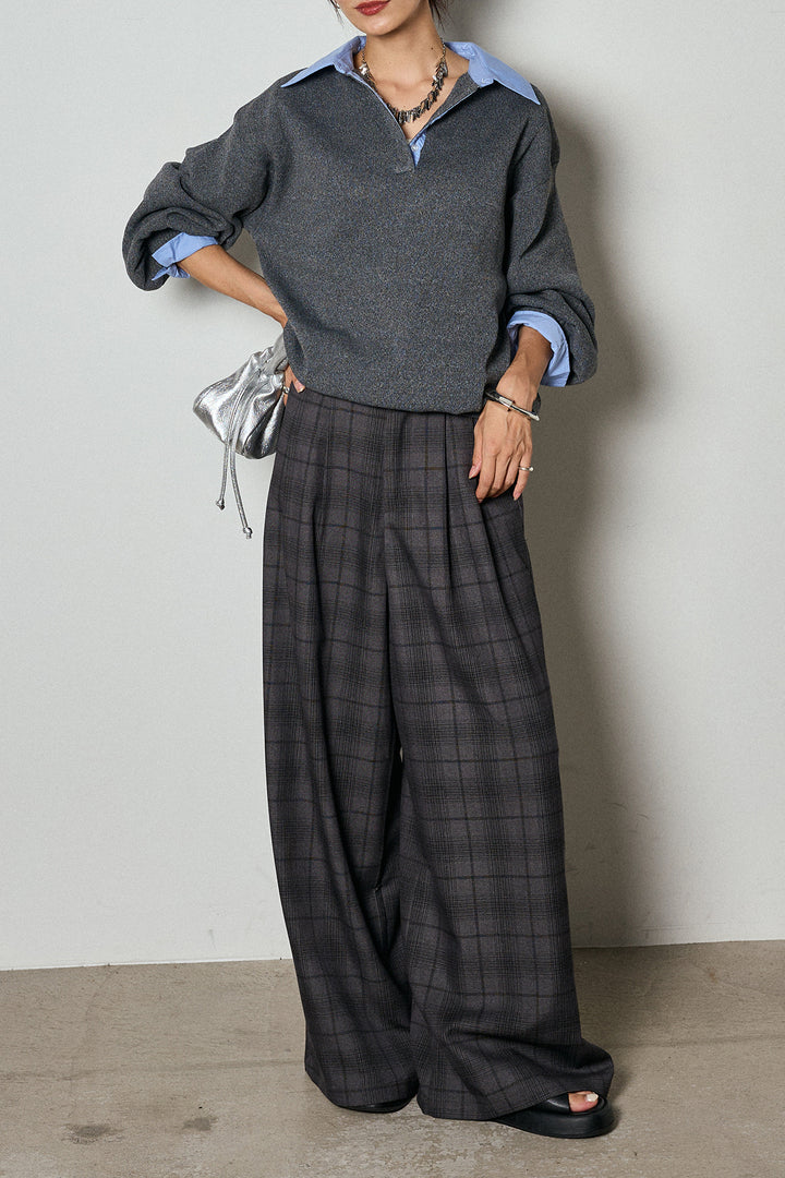 【即納】タック入りタータンチェックワイドパンツ