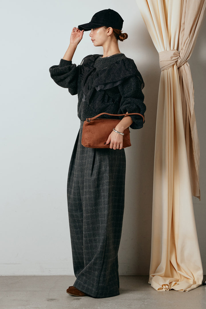 [SET]アシンメトリーフリルニットトップス+ウールライクチェックタックパンツ(2set)