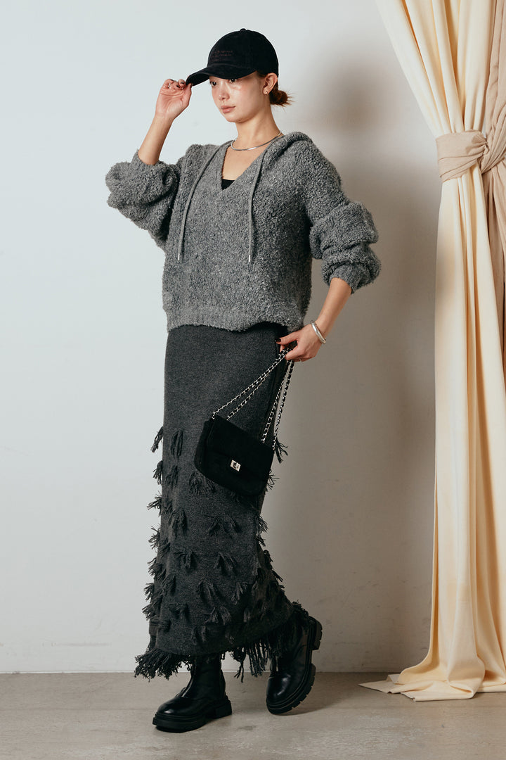 [SET]ブークレキーネックプルオーバー+ポイントフリンジニットナロースカート(2set)