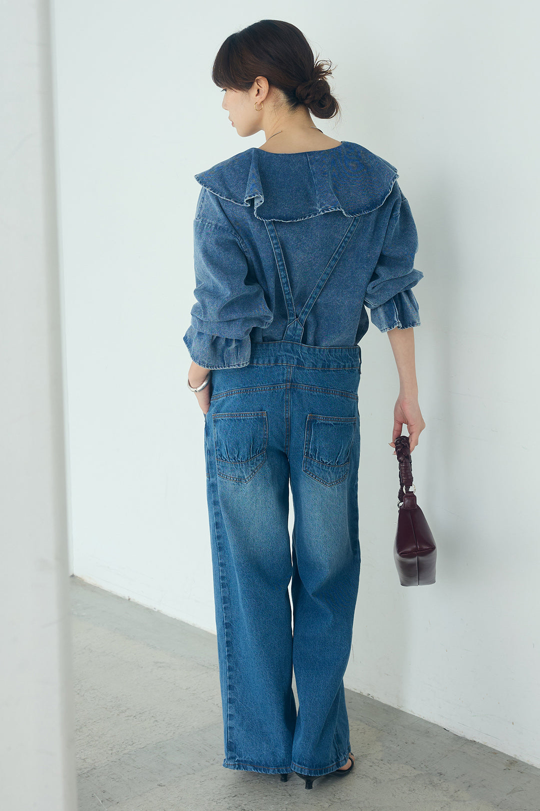 [SET]デニムフリルブラウス+デニムサロペットワイドパンツ(2set)