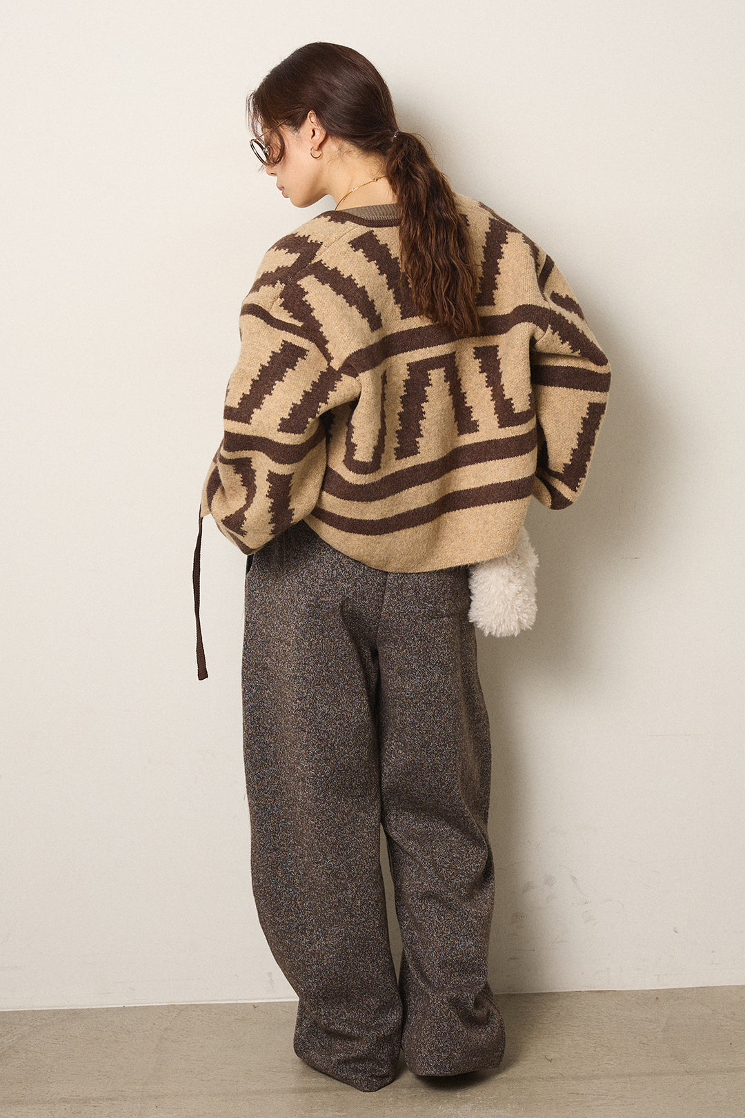 [SET]幾何学柄ノーカラーカーディガン+杢ニットフレアパンツ(2set)