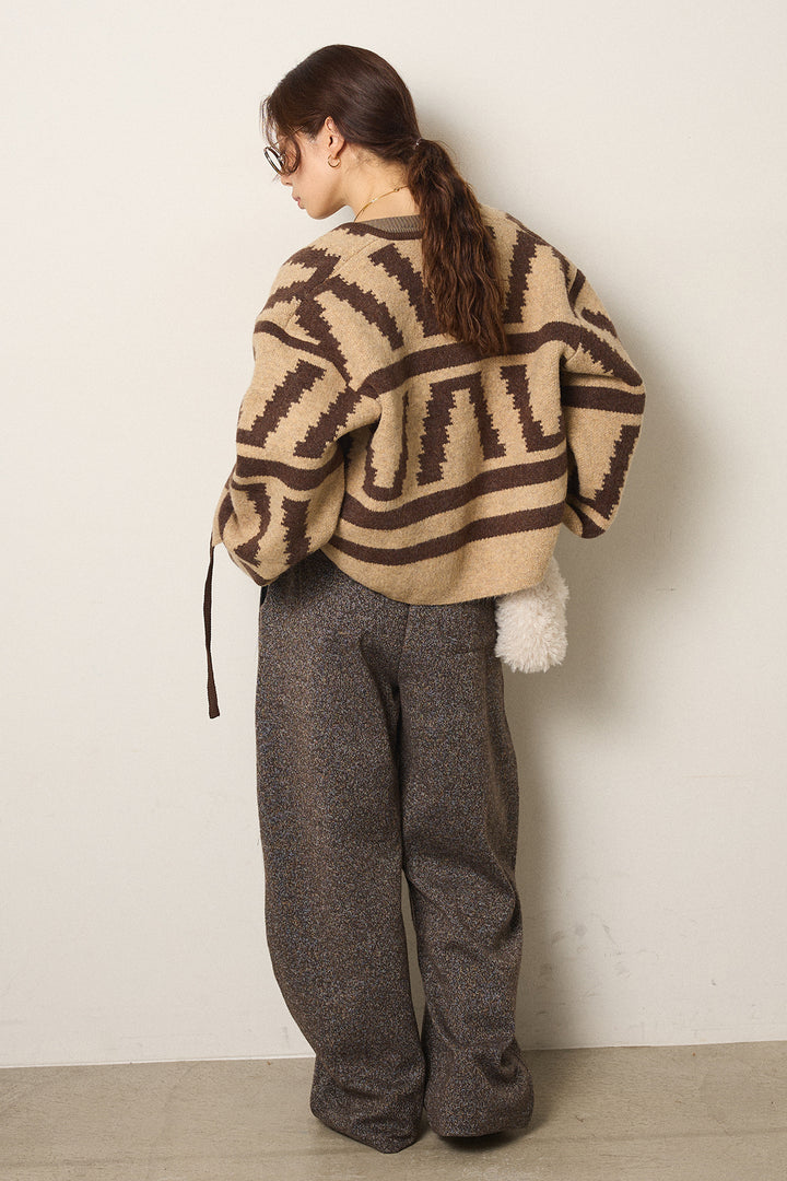 [SET]幾何学柄ノーカラーカーディガン+杢ニットフレアパンツ(2set)