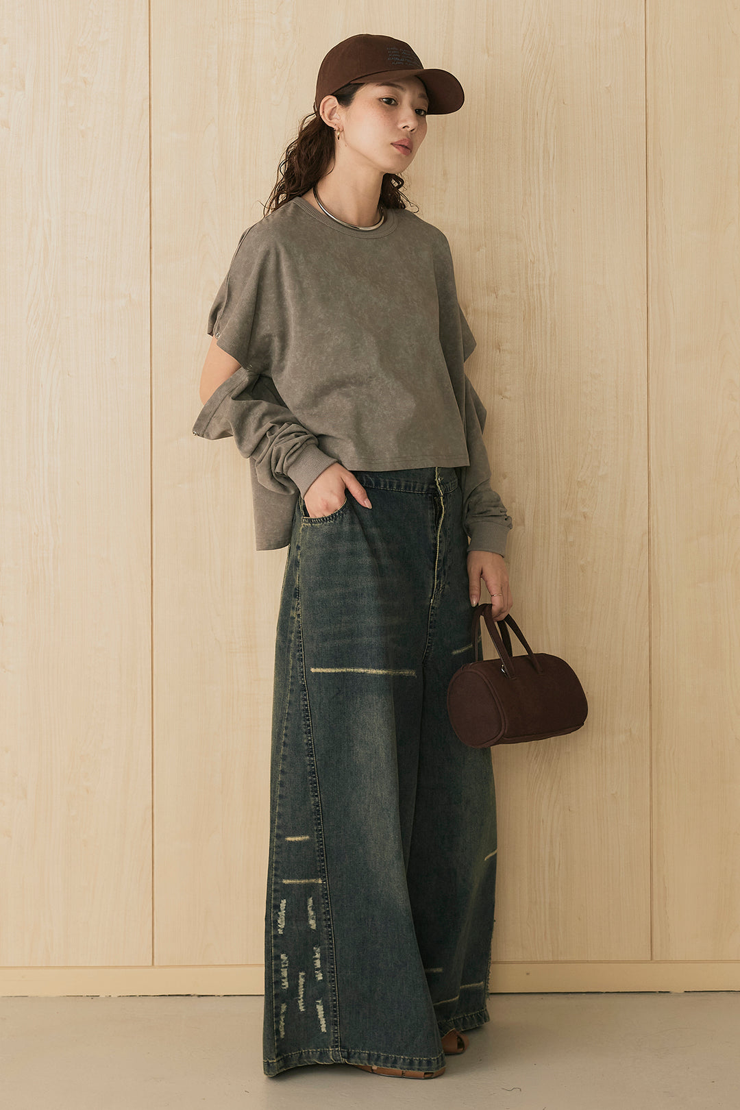[SET]セパレートフェードTシャツ+ランダムダメージデニムワイドパンツ(2set)