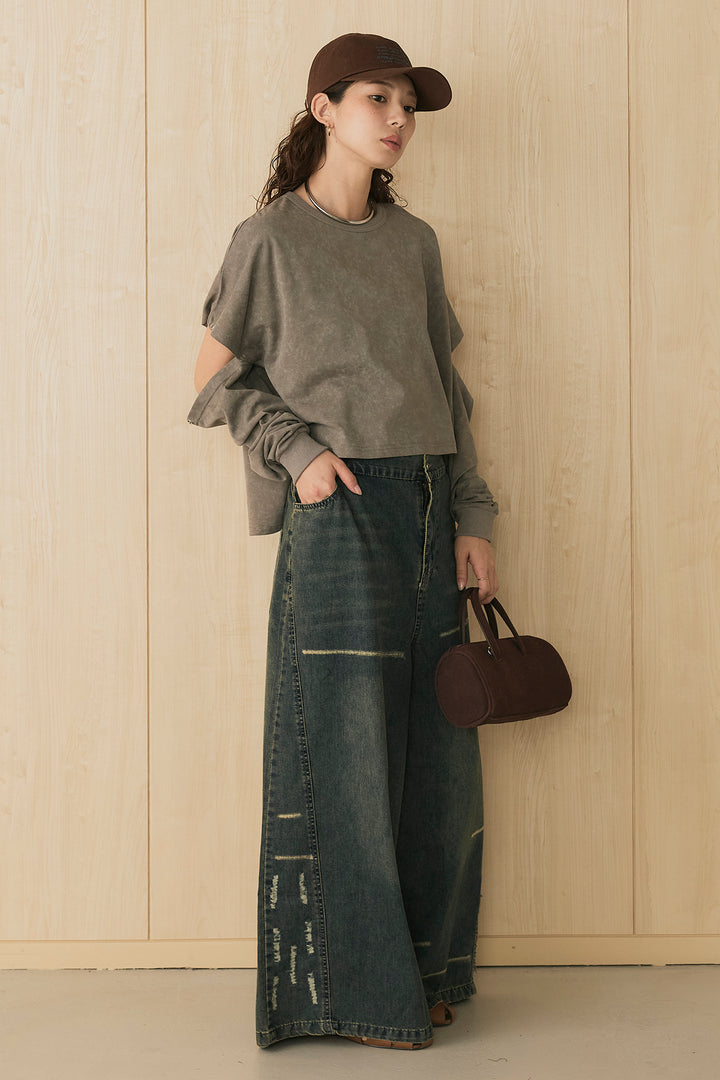 [SET]セパレートフェードTシャツ+ランダムダメージデニムワイドパンツ(2set)