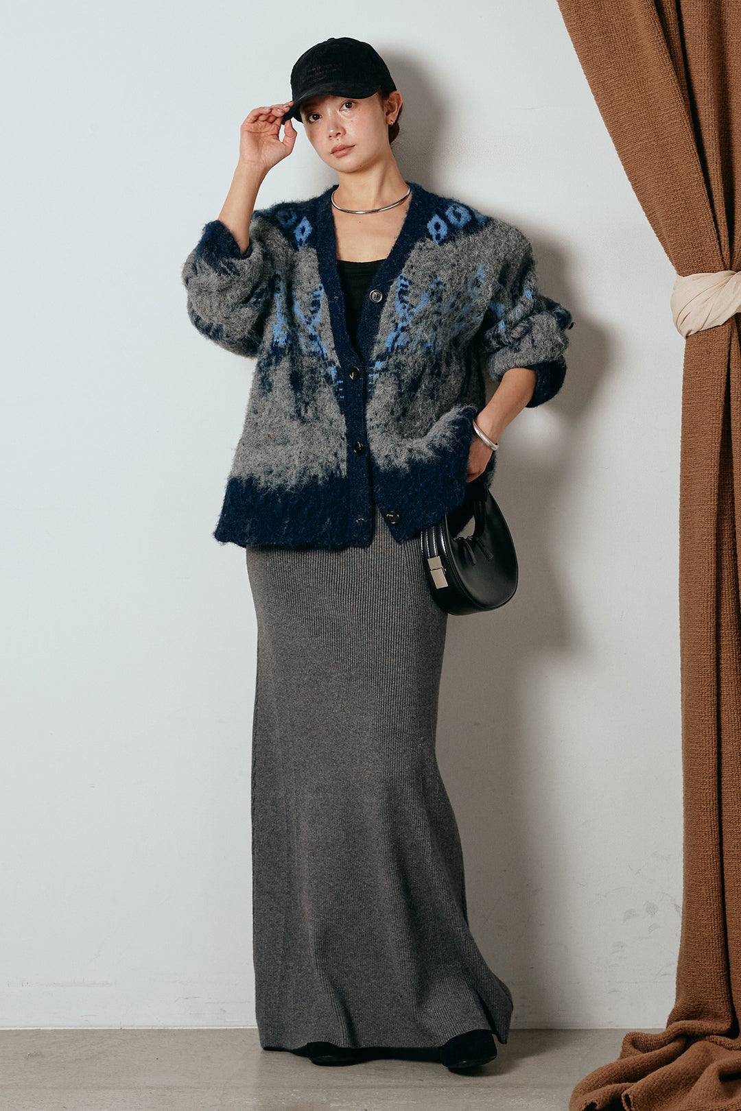 [SET]シャギーニュアンス柄ニットカーディガン+リブナローニットスカート(2set)