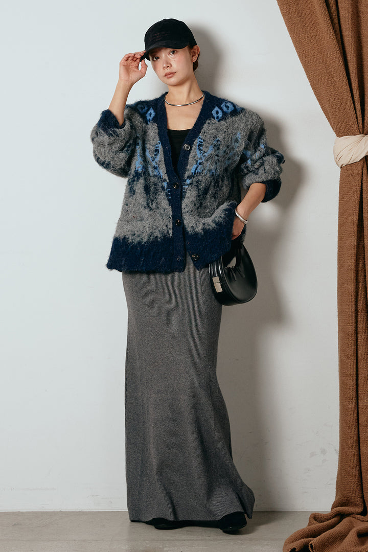 [SET]シャギーニュアンス柄ニットカーディガン+リブナローニットスカート(2set)