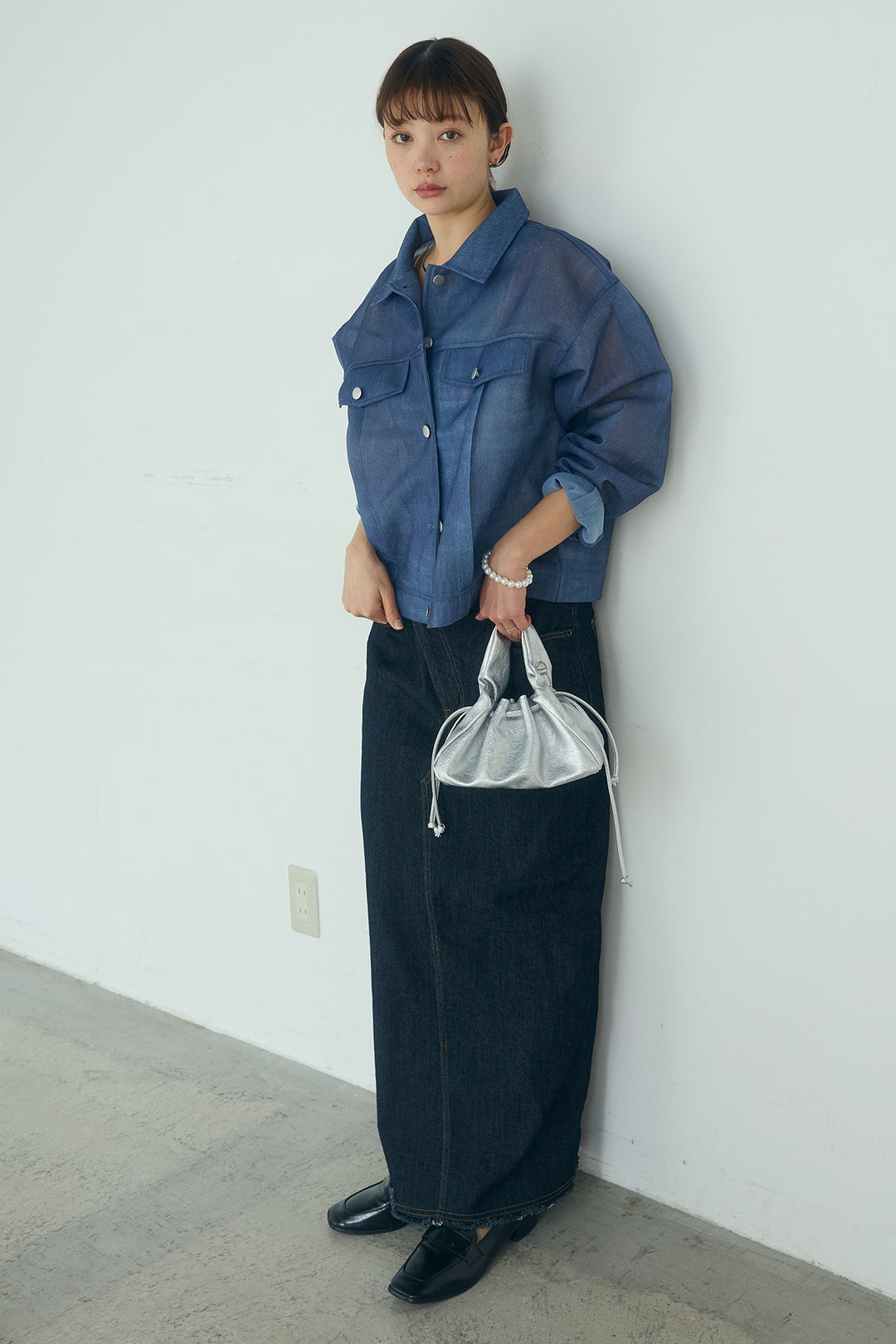 [SET]デニム風シアーダンボールジャケット+ウエストクロスデニムタイトスカート(2set)