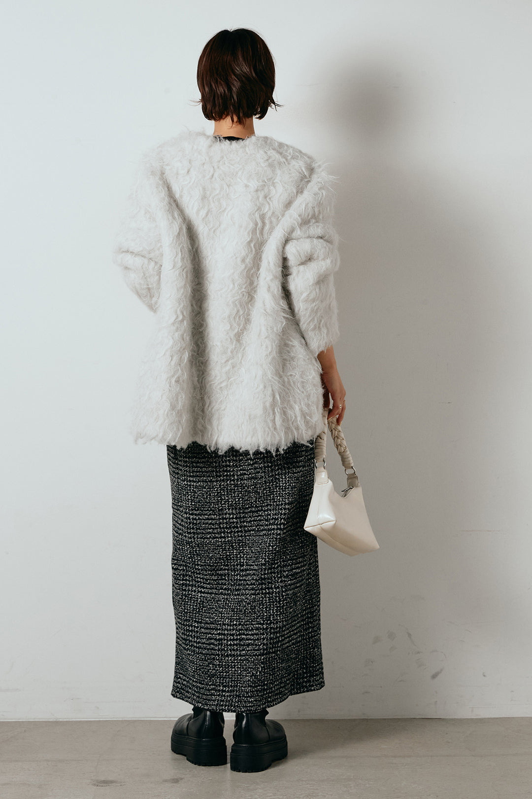 [SET]ウェーブシャギーニットジャケット+グレンチェック柄フロントジップタイトスカート(2set)