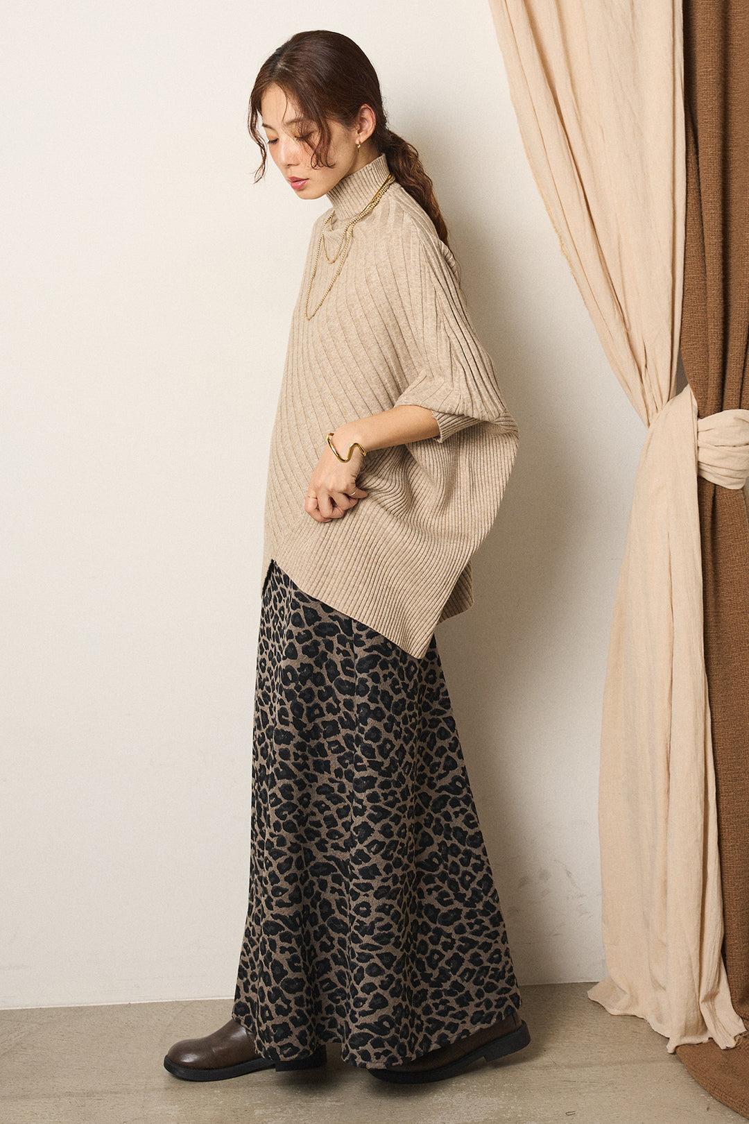 [SET]アシメデザインリブポンチョニットトップス+レオパードロングスカート(2set)