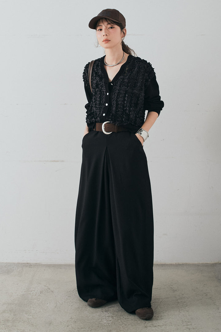 [SET]モコレースVネックカーディガン+太ベルト付きフロントタックパンツ(2set)