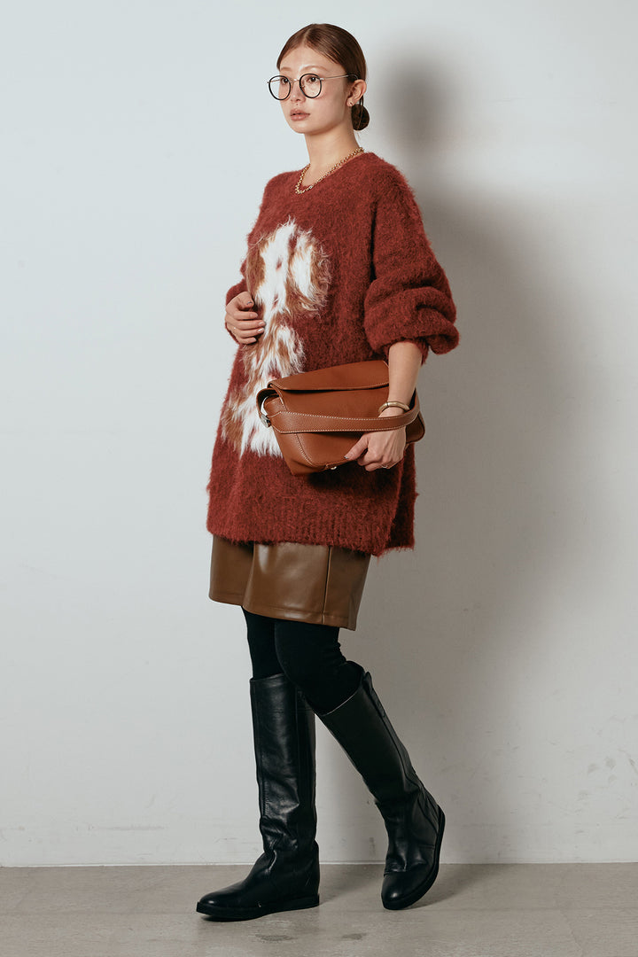 [SET]シャギーニュアンスアニマルニット+ストレッチエコレザーバミューダパンツ(2set)