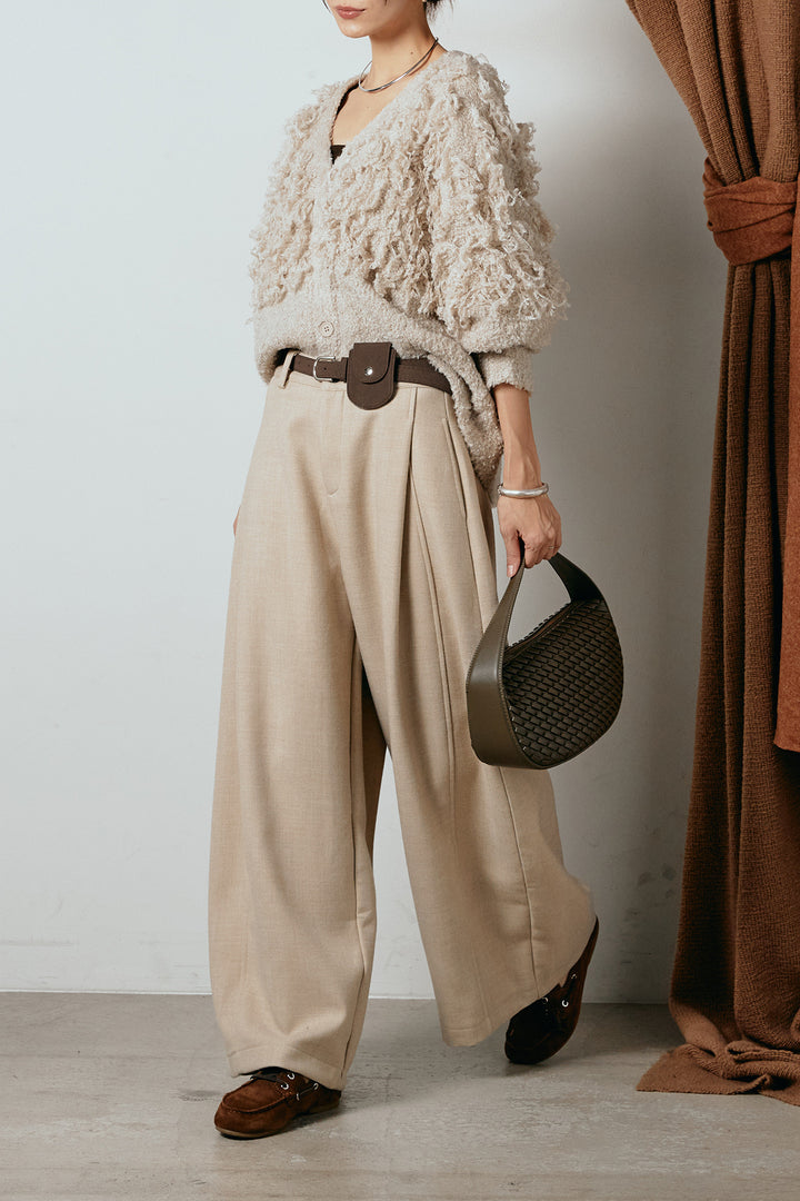 [SET]ループ編みVネックニットカーディガン+ポーチベルト付きカーブパンツ(2set)