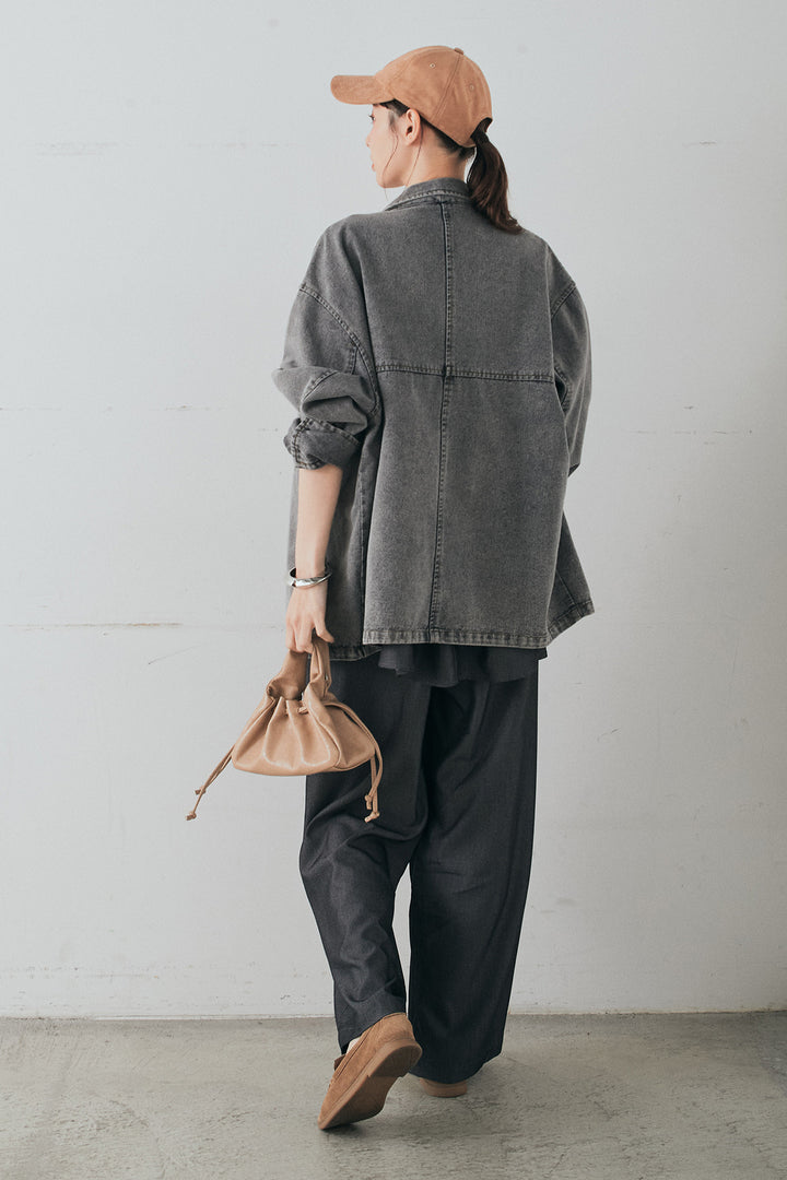 [SET]オーバーデニムジャケット+デニムライクツイルタックパンツ+デニムライクツイルティアードキャミソール(3set)