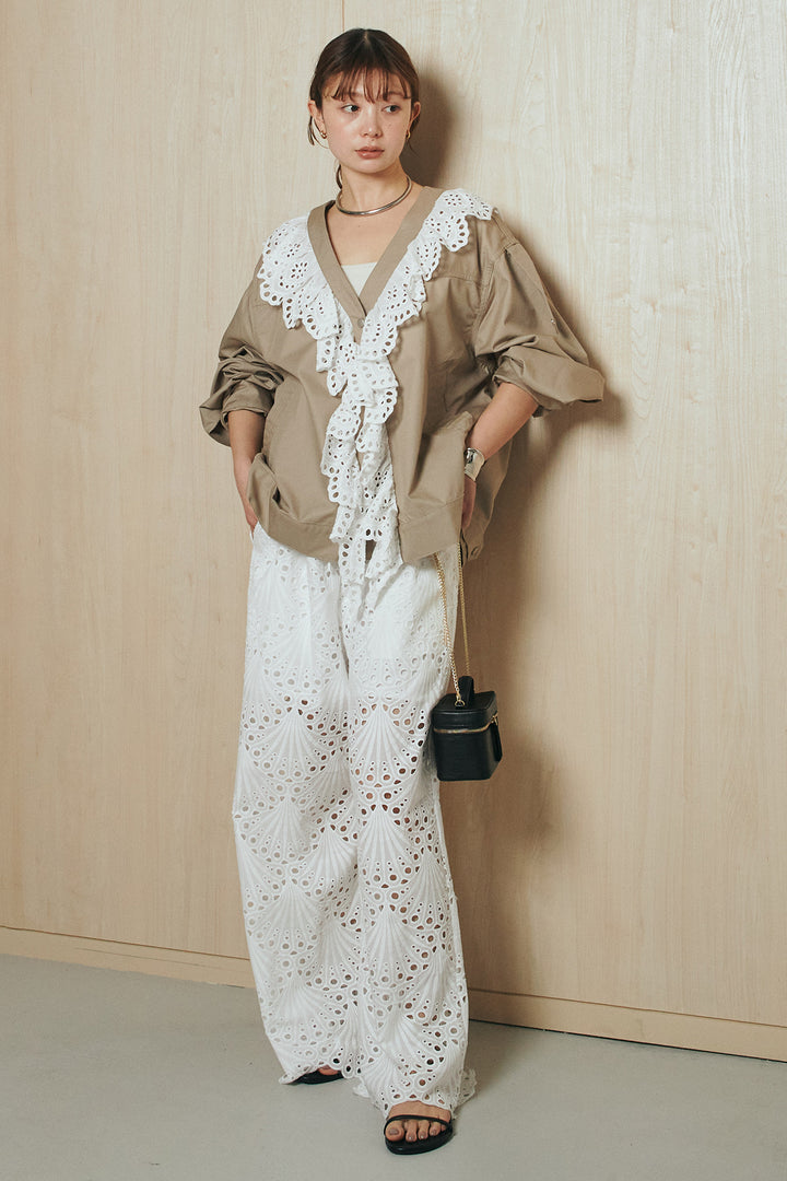 [SET]レースフリルドッキングアウター+レース刺繍リラックスパンツ(2set)
