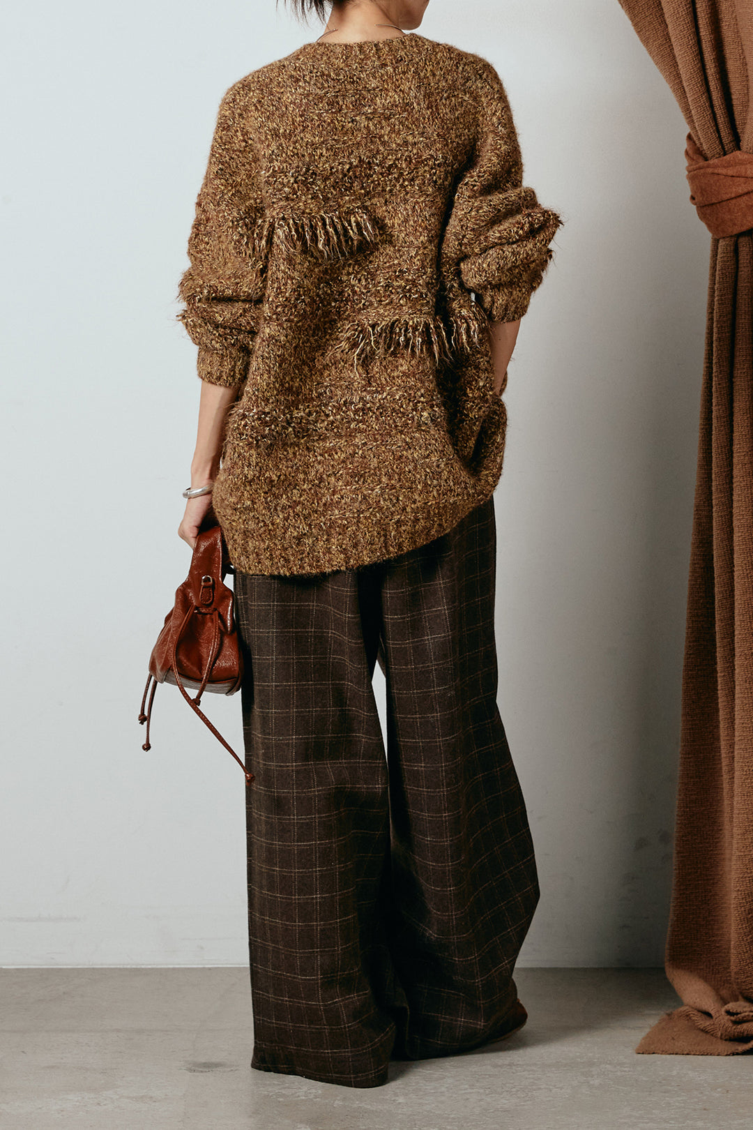 [SET]フリンジニットカーディガン+ウールライクチェックタックパンツ(2set)