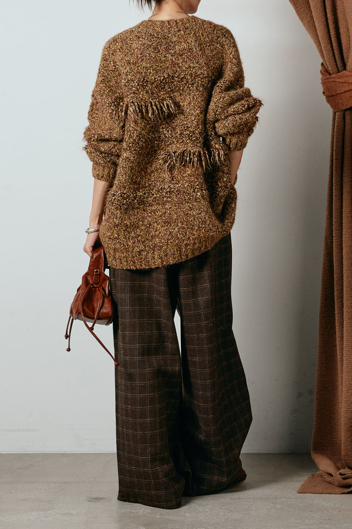 [SET]フリンジニットカーディガン+ウールライクチェックタックパンツ(2set)