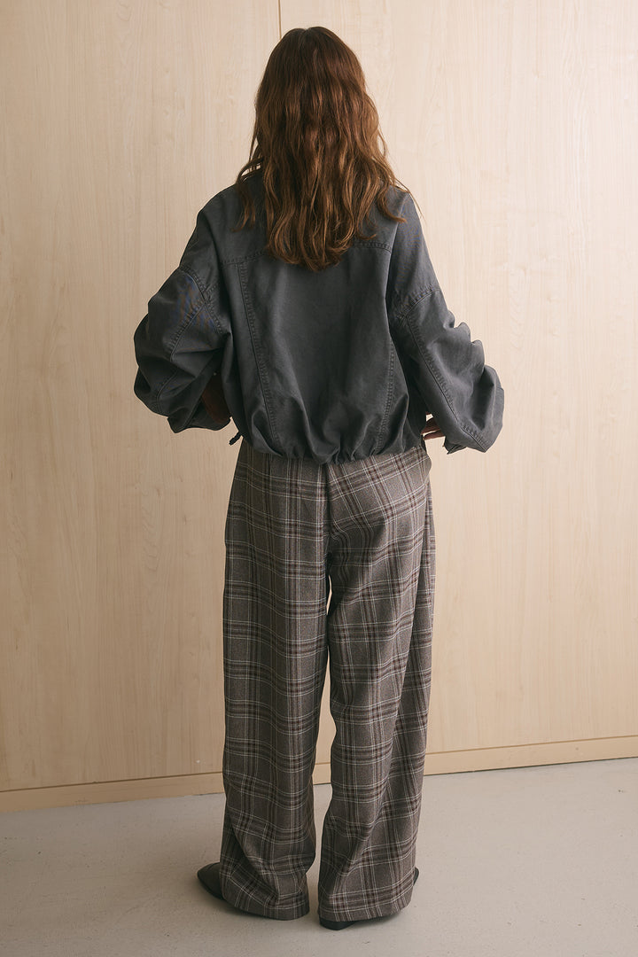 [SET]ミリタリーライクスタンドカラーブルゾン+ブリティッシュチェックバレルパンツ(2set)