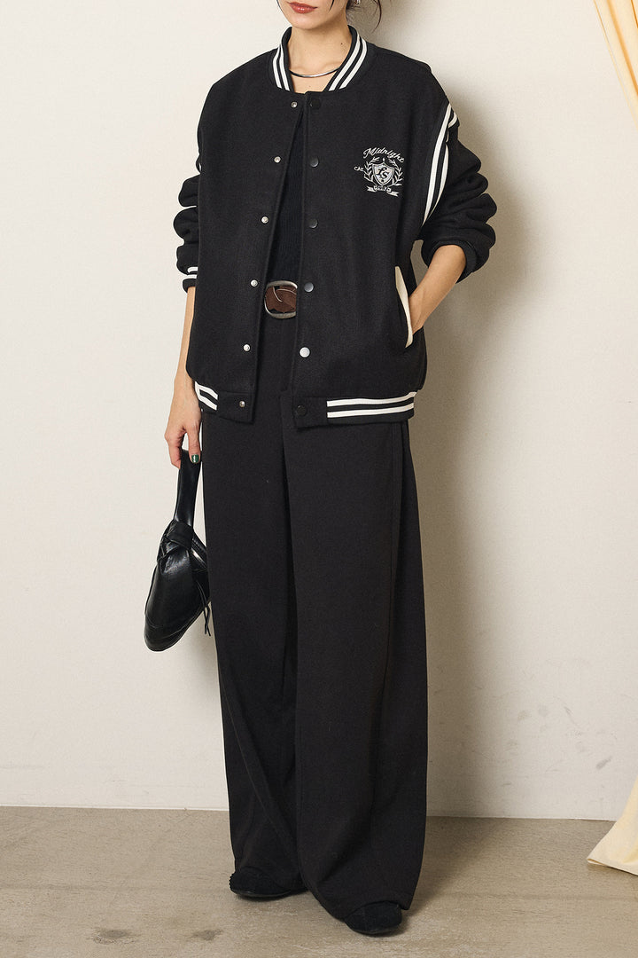 [SET]ワンポイントデザインブルゾン+編みベルト付きワイドパンツ(2set)