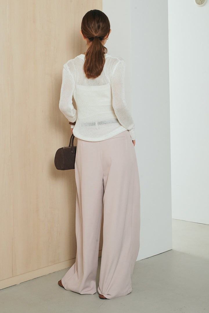 [SET]ヘンリーネックダメージニットプルオーバー+ビックベルトループタックベルト付きワイドパンツ(2set)