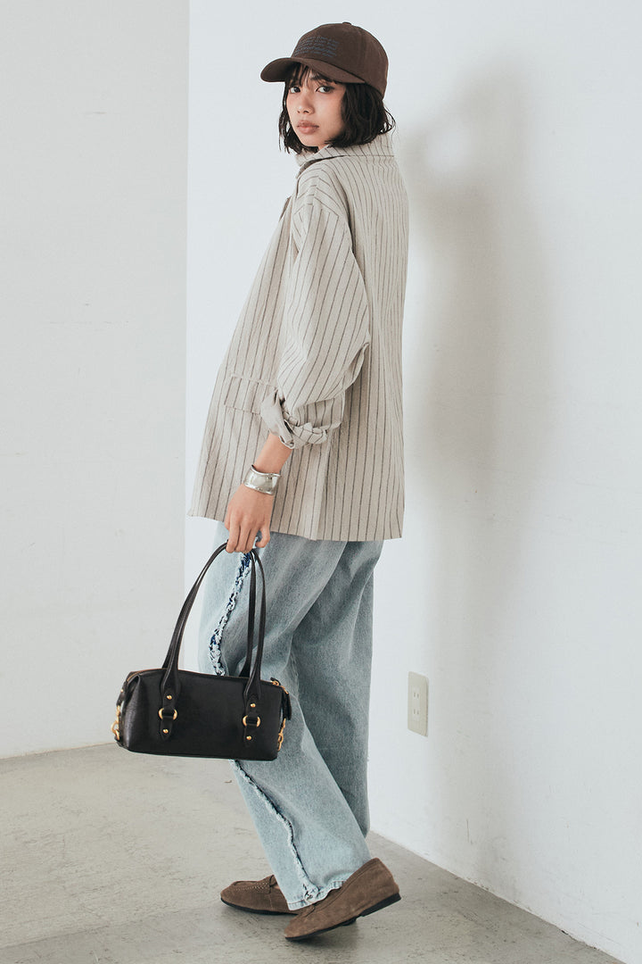 [SET]リネンライクストライプテーラードジャケット+デニムサイドフリルパンツ(2set)