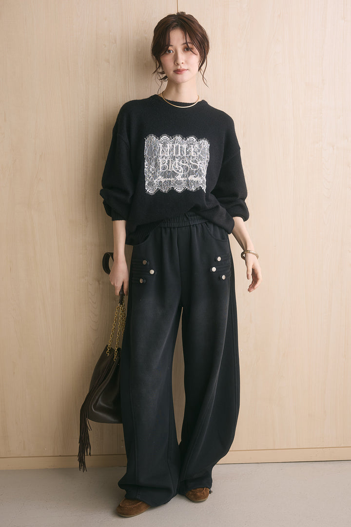 [SET]アルパカタッチ刺繍ロゴプルオーバー+ナポレオンディテールカーブパンツ(2set)