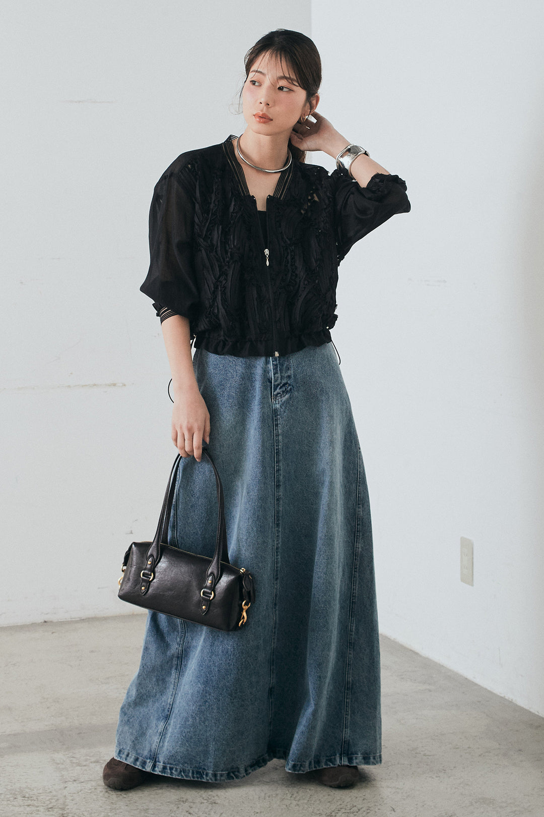 [SET]モチーフ付きシアーブルゾン+デニムロングフレアスカート(2set)