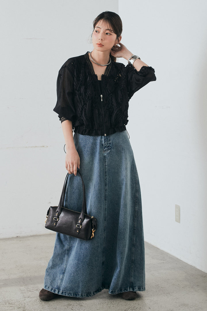 [SET]モチーフ付きシアーブルゾン+デニムロングフレアスカート(2set)