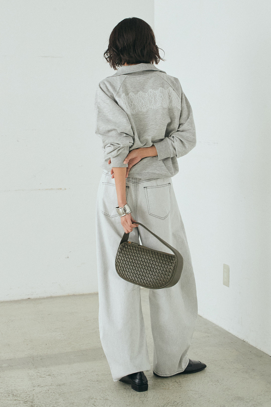 [SET]リバーレースハーフジップ裏毛スウェット+ツイル配色ステッチバレルパンツ(2set)