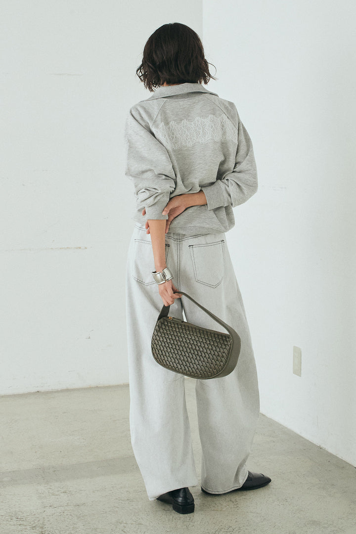 [SET]リバーレースハーフジップ裏毛スウェット+ツイル配色ステッチバレルパンツ(2set)