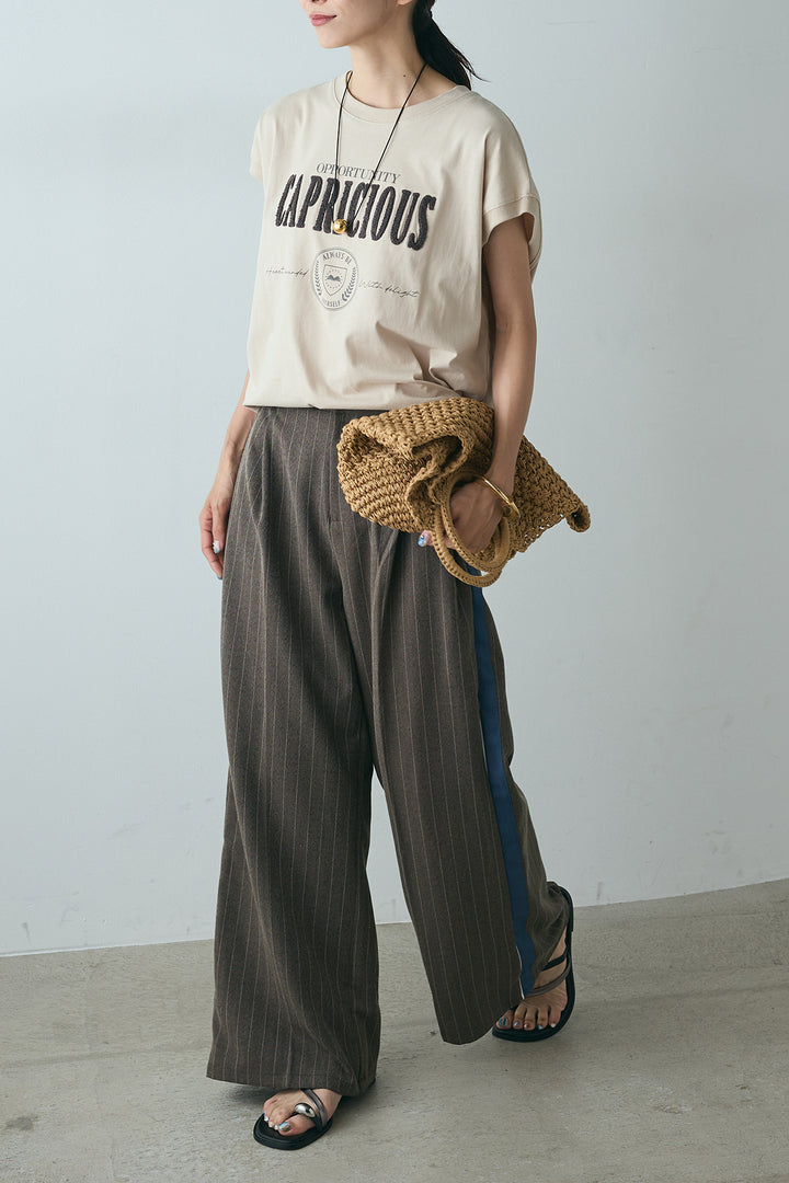 [SET]サガラ刺繍フレンチスリーブTシャツ+ピンストライプサイドラインワイドパンツ(2set)