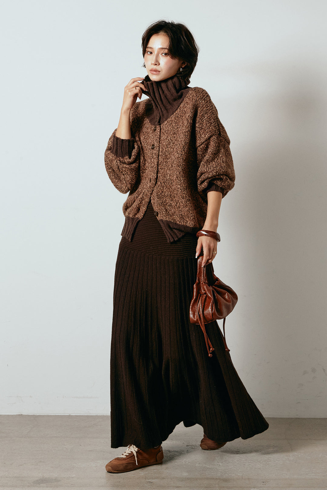 [SET]ハイネックミックスニットカーディガン+編み地切り替えフレアニットスカート(2set)