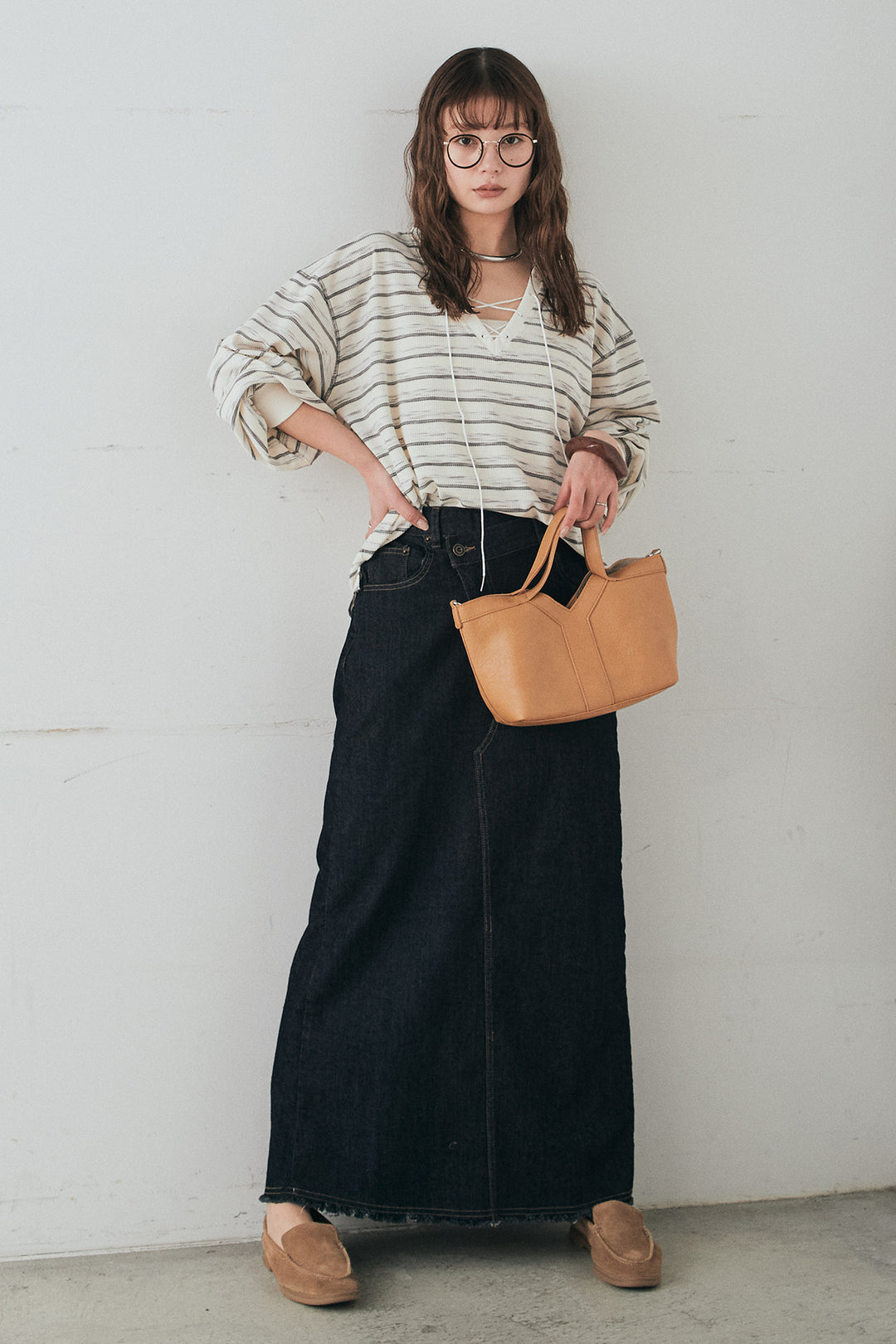 [SET]レースアップワッフルボーダートップス+ウエストクロスデニムタイトスカート(2set)