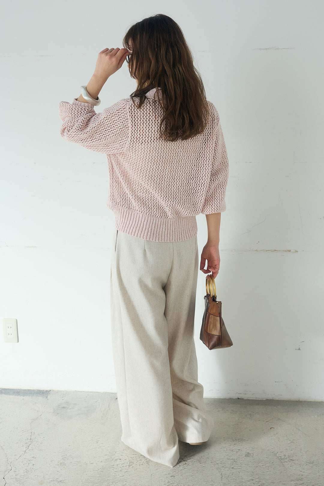 [SET]ミックスメッシュポロニット+麻混タックワイドパンツ(2set)