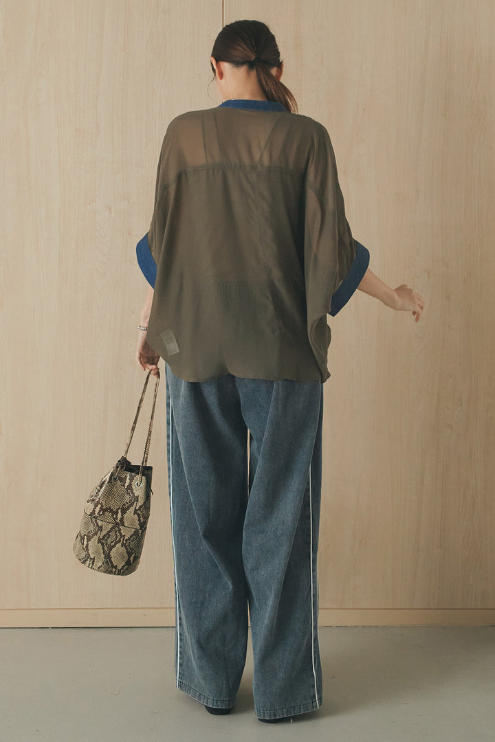 [SET]デニムライクビッグツーポケシアーシャツ+ドロストサイドラインデニムパンツ(2set)