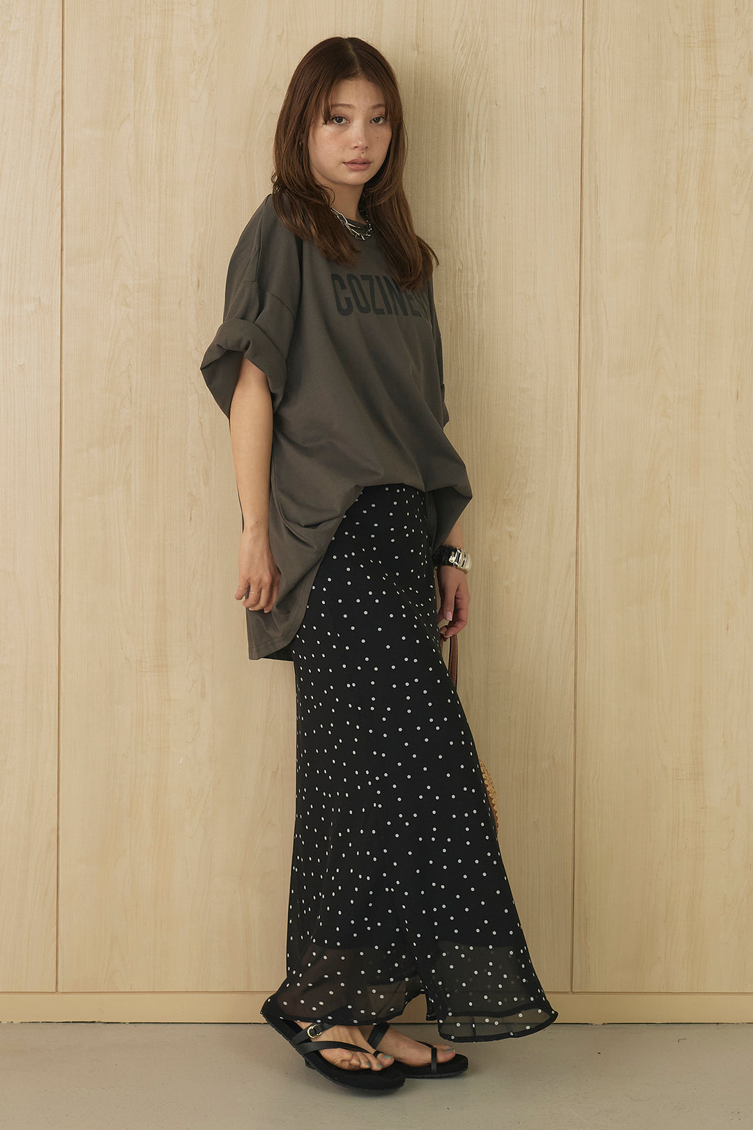 [SET]プリントロゴチュニックTシャツ+ドットサテンナロースカート(2set)