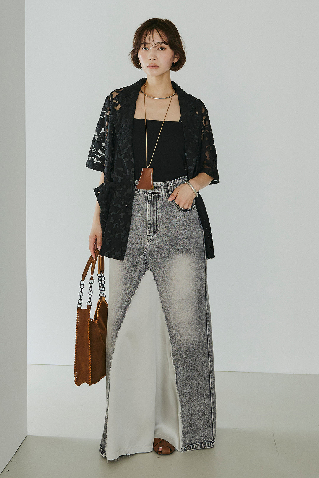 [SET]シアージャガードハーフスリーブテーラードジャケット+サテン切り替えデニムスカート(2set)