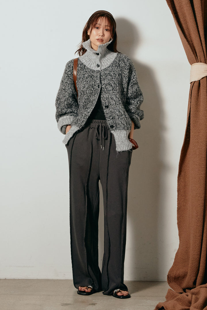 [SET]ハイネックミックスニットトップス+フロントラインデザインワイドスウェットパンツ(2set)