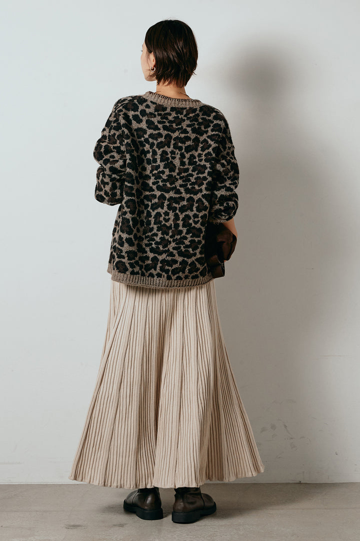 [SET]ステッチデザインレオパードニットカーディガン+リブニットフレアスカート(2set)