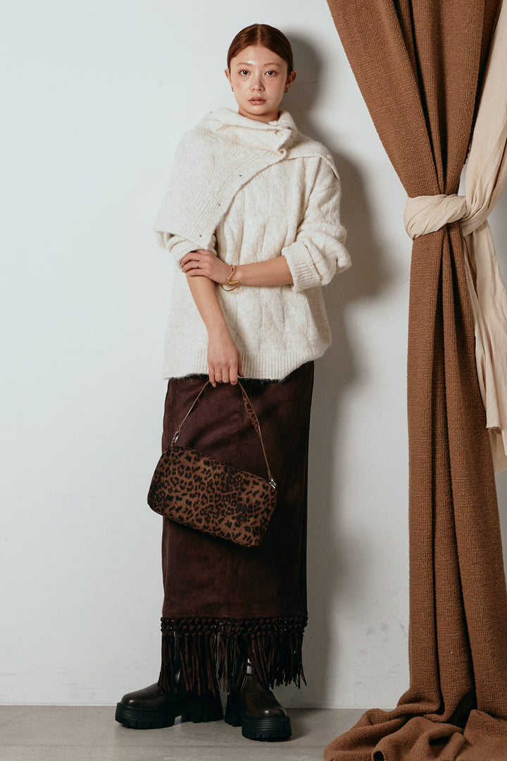 [SET]ケープデザインケーブルニットトップス+スウェードライク裾フリンジスカート(2set)