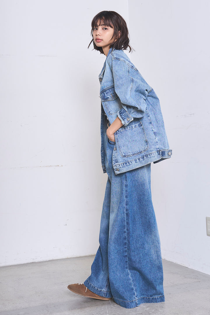 [SET]ケミカルデニムカバーオールジャケット+ベルトループワイドタックデニムパンツ+ヘンリーネックシアータンクトップ(3set)